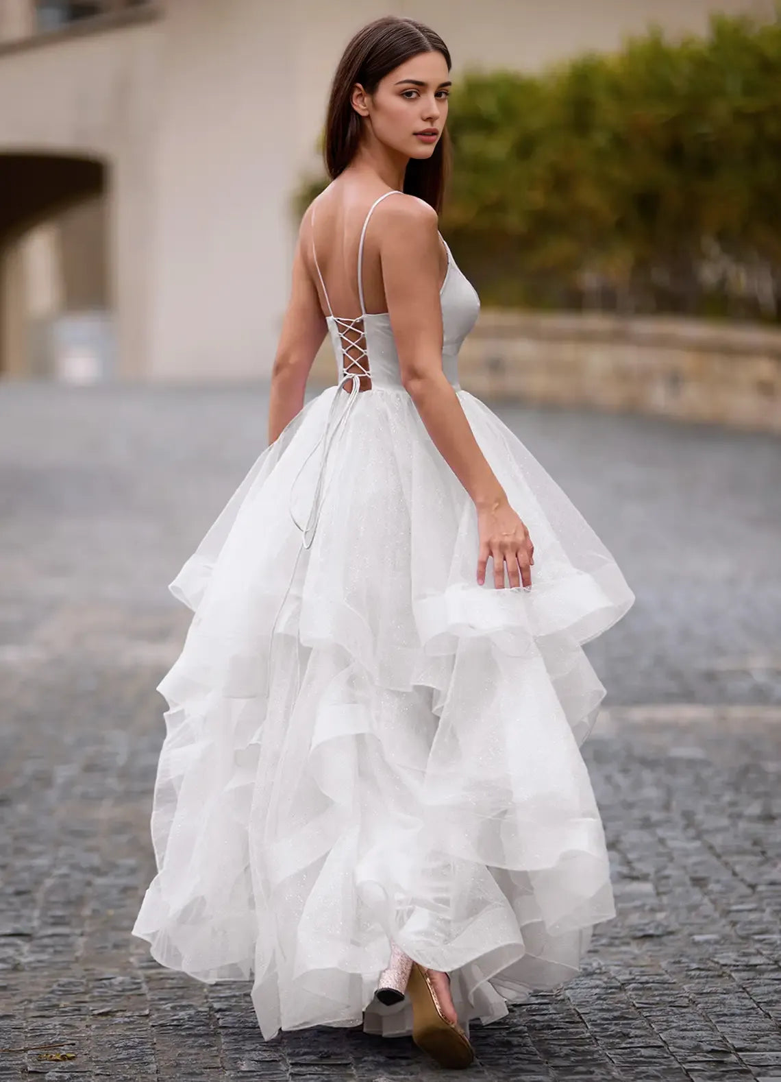 Full Of Charm A-line V Neck Ruffles Layers Glitter Tulle Ivory Prom Dress