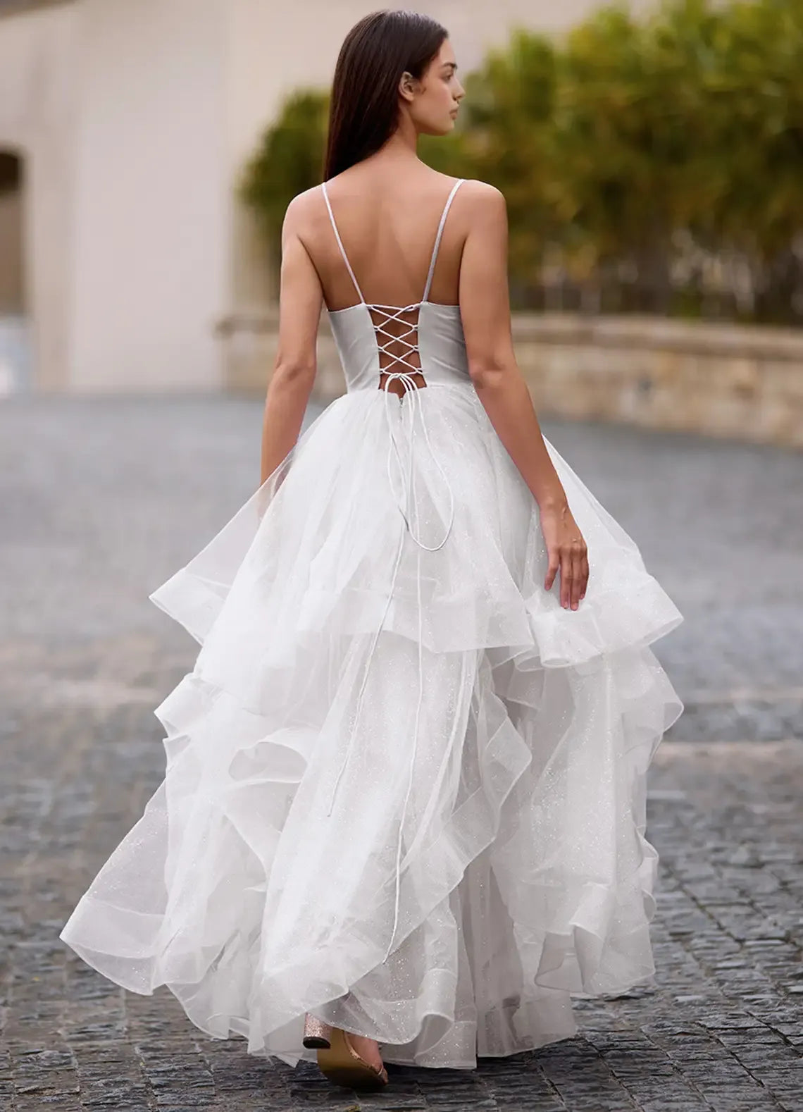 Full Of Charm A-line V Neck Ruffles Layers Glitter Tulle Ivory Prom Dress