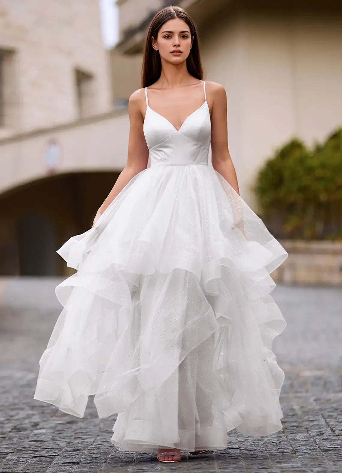 Full Of Charm A-line V Neck Ruffles Layers Glitter Tulle Ivory Prom Dress
