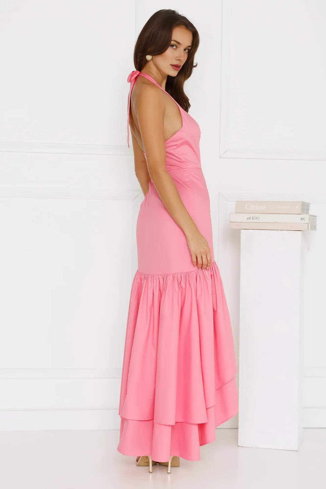 Full Of Charm Sheath Halter Ruffle Slit Pink Maxi Prom Dress With Asymmetric Hem