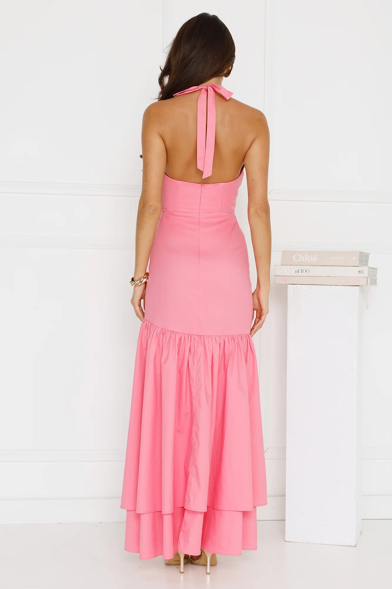 Full Of Charm Sheath Halter Ruffle Slit Pink Maxi Prom Dress With Asymmetric Hem