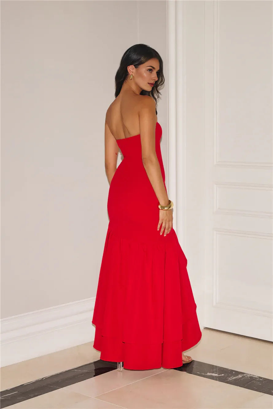 Full Of Charm Sheath Strapless Ruffle Red Maxi Prom Dress With Asymmetric Hem