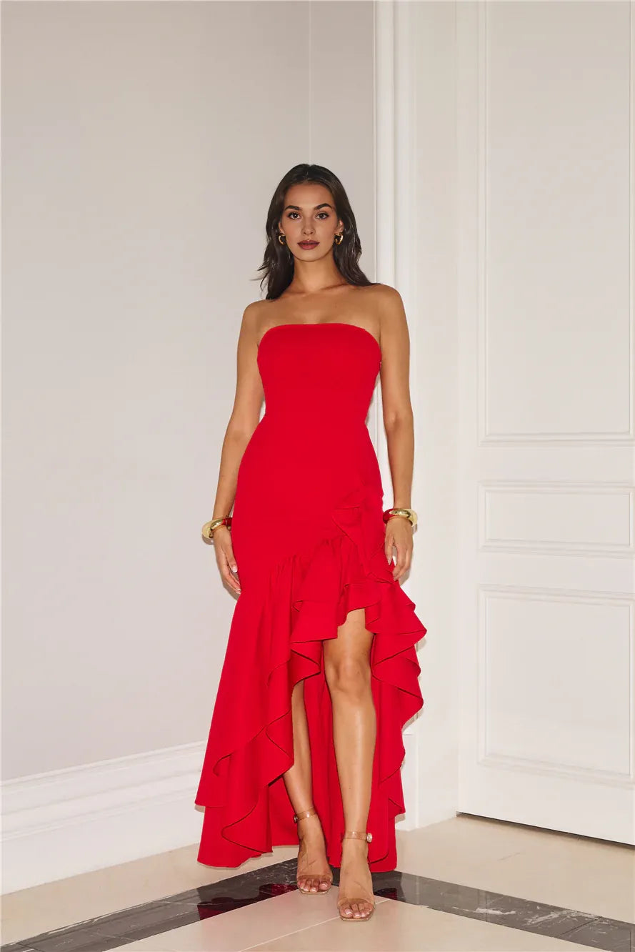 Full Of Charm Sheath Strapless Ruffle Red Maxi Prom Dress With Asymmetric Hem