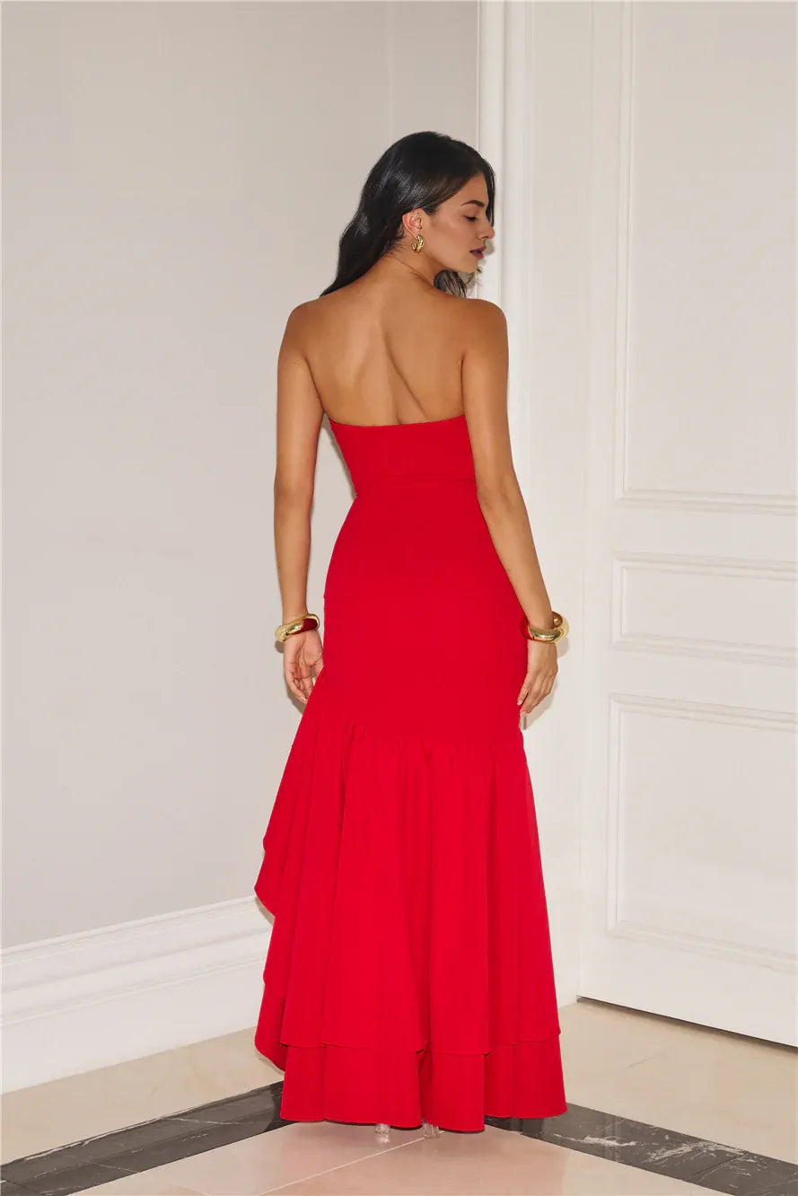 Full Of Charm Sheath Strapless Ruffle Red Maxi Prom Dress With Asymmetric Hem