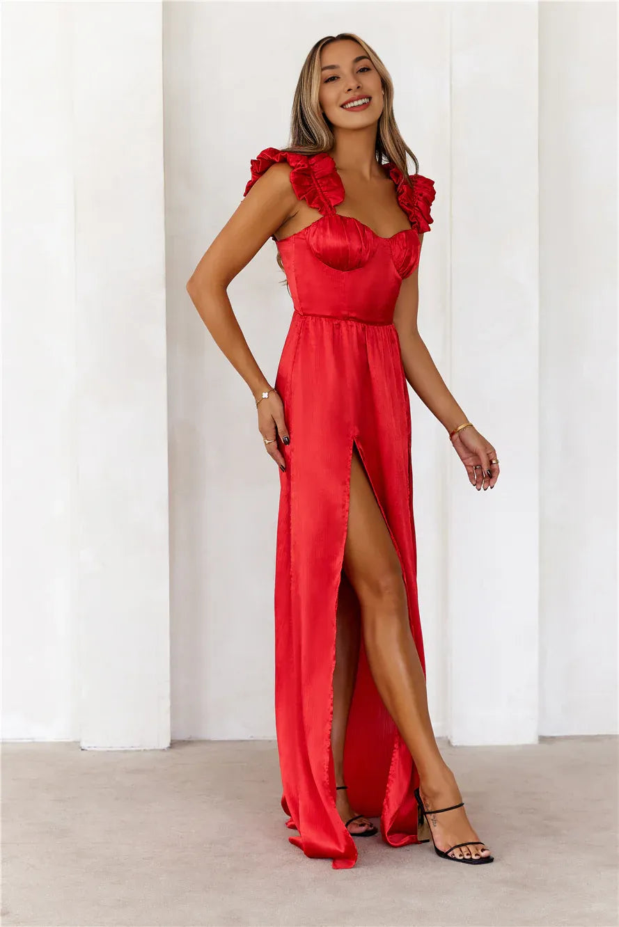 Full Of Charm Sweetheart Neck Red Maxi Prom Dress With Two Front Splits