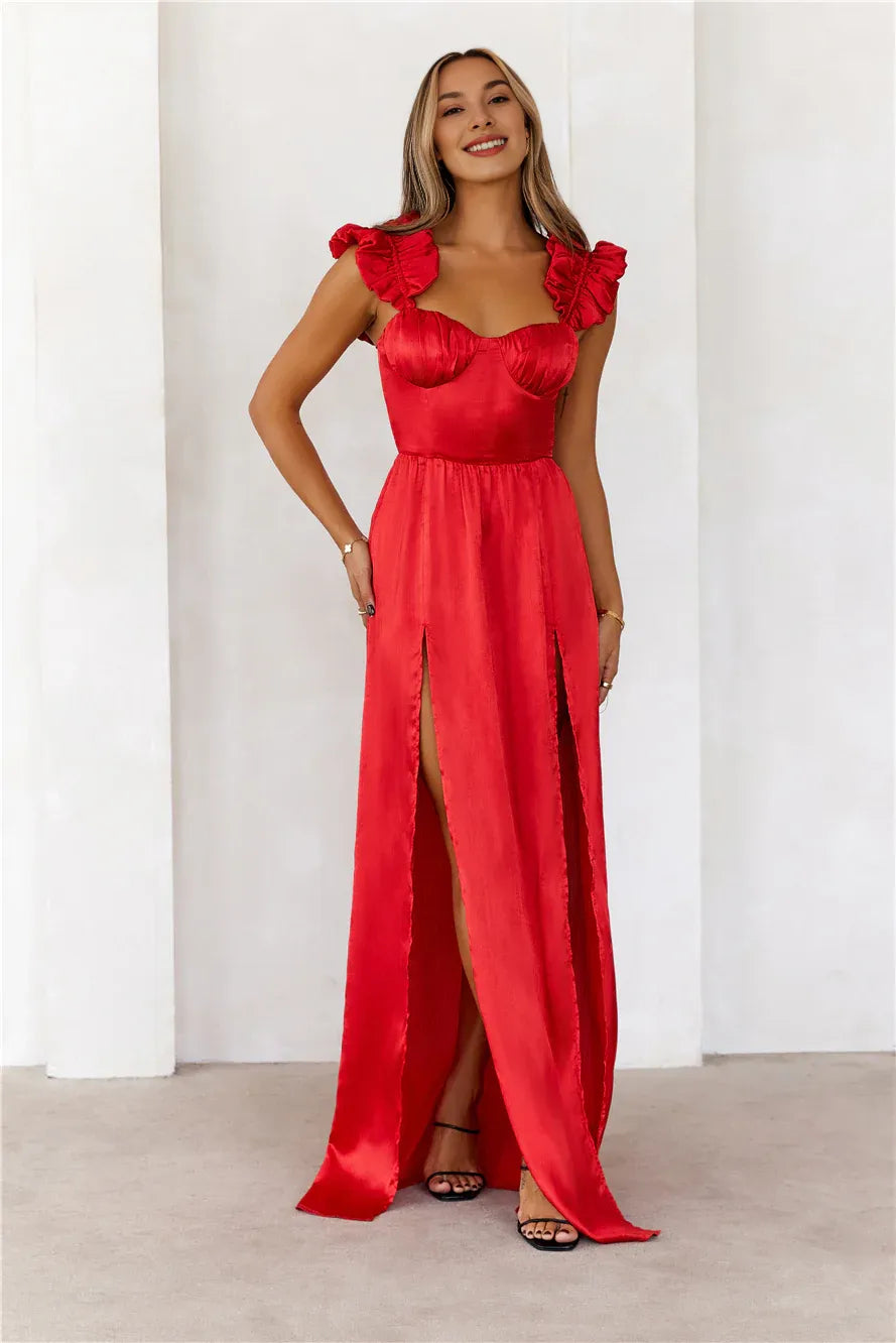 Full Of Charm Sweetheart Neck Red Maxi Prom Dress With Two Front Splits