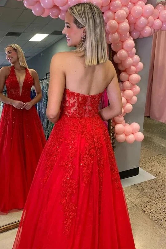 Red Halter A-Line V-Neck Lace Appliques Empire-Waist Prom Dress