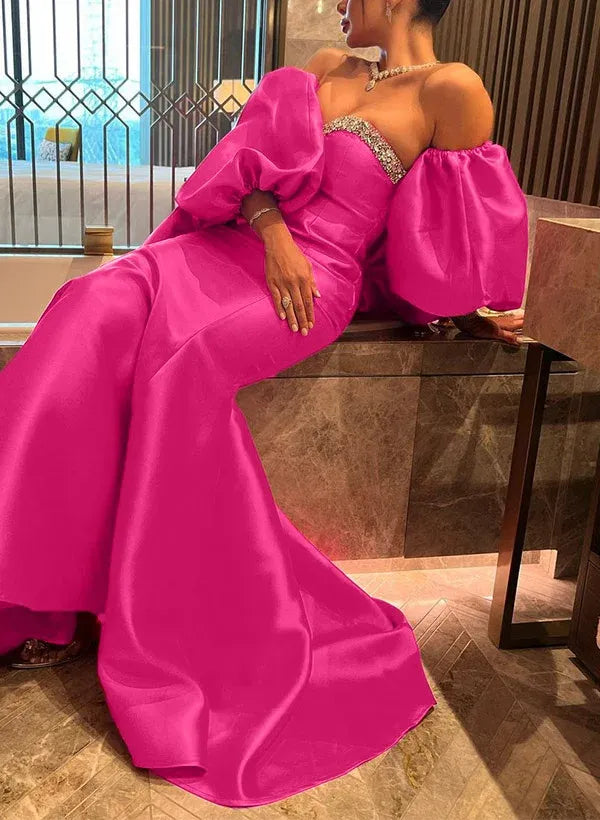 Gallant Mermaid Off-The-Shoulder Satin Hot Pink Train Prom Dress With Rhinestone