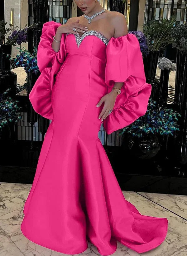 Gallant Mermaid Off-The-Shoulder Satin Hot Pink Train Prom Dress With Rhinestone