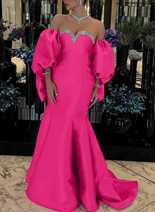 Gallant Mermaid Off-The-Shoulder Satin Hot Pink Train Prom Dress With Rhinestone
