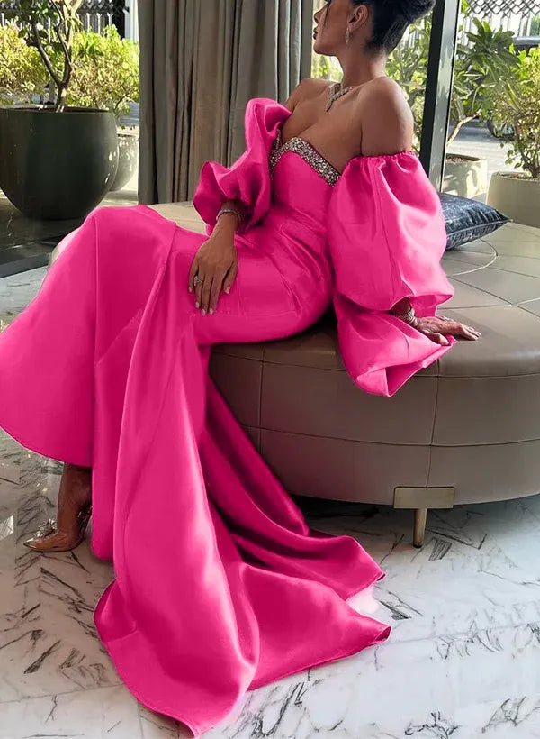 Gallant Mermaid Off-The-Shoulder Satin Hot Pink Train Prom Dress With Rhinestone