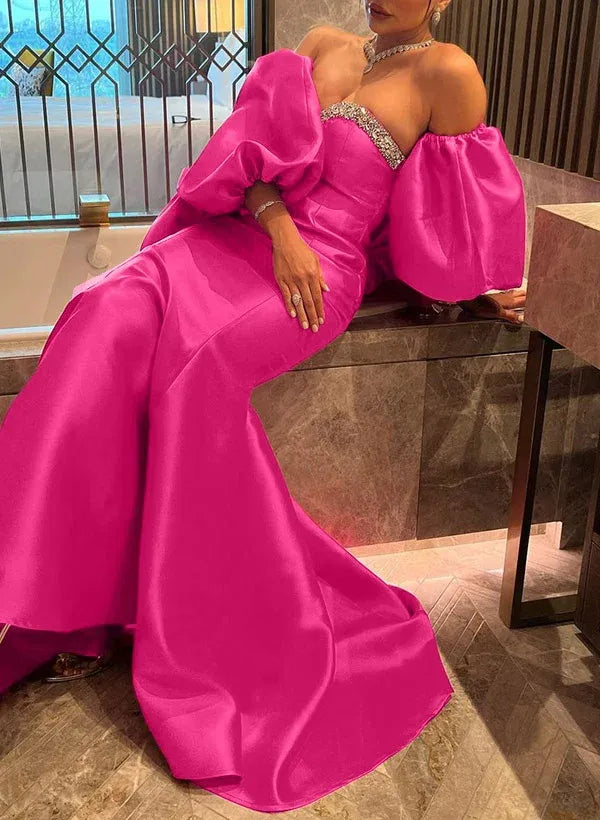 Gallant Mermaid Off-The-Shoulder Satin Hot Pink Train Prom Dress With Rhinestone