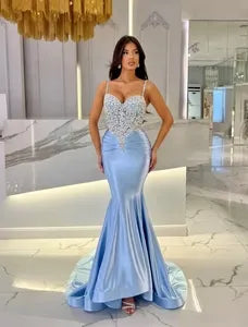 Gallant Mermaid Spaghetti Straps Beaded Satin Light Blue Prom Dress With Train