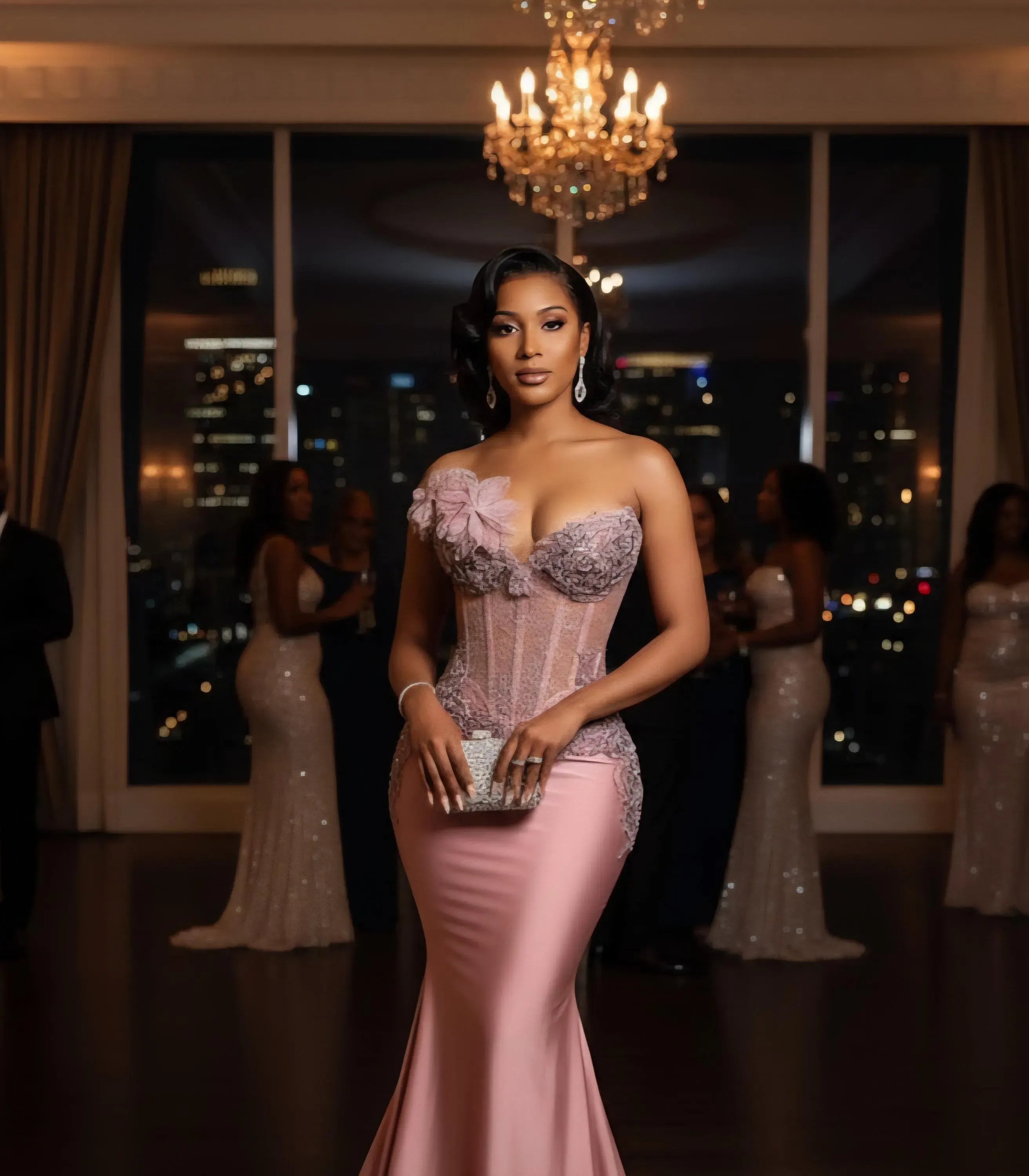 Gallant Mermaid Strapless Corset Floral Beaded Satin Blush Prom Dress With Sweep Train