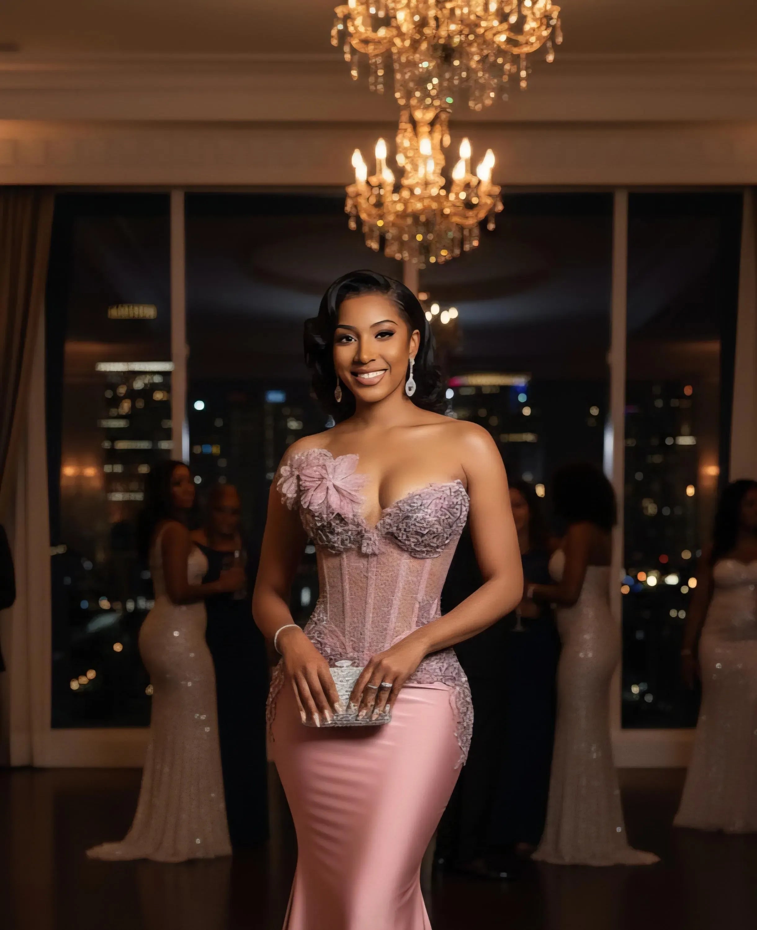 Gallant Mermaid Strapless Corset Floral Beaded Satin Blush Prom Dress With Sweep Train