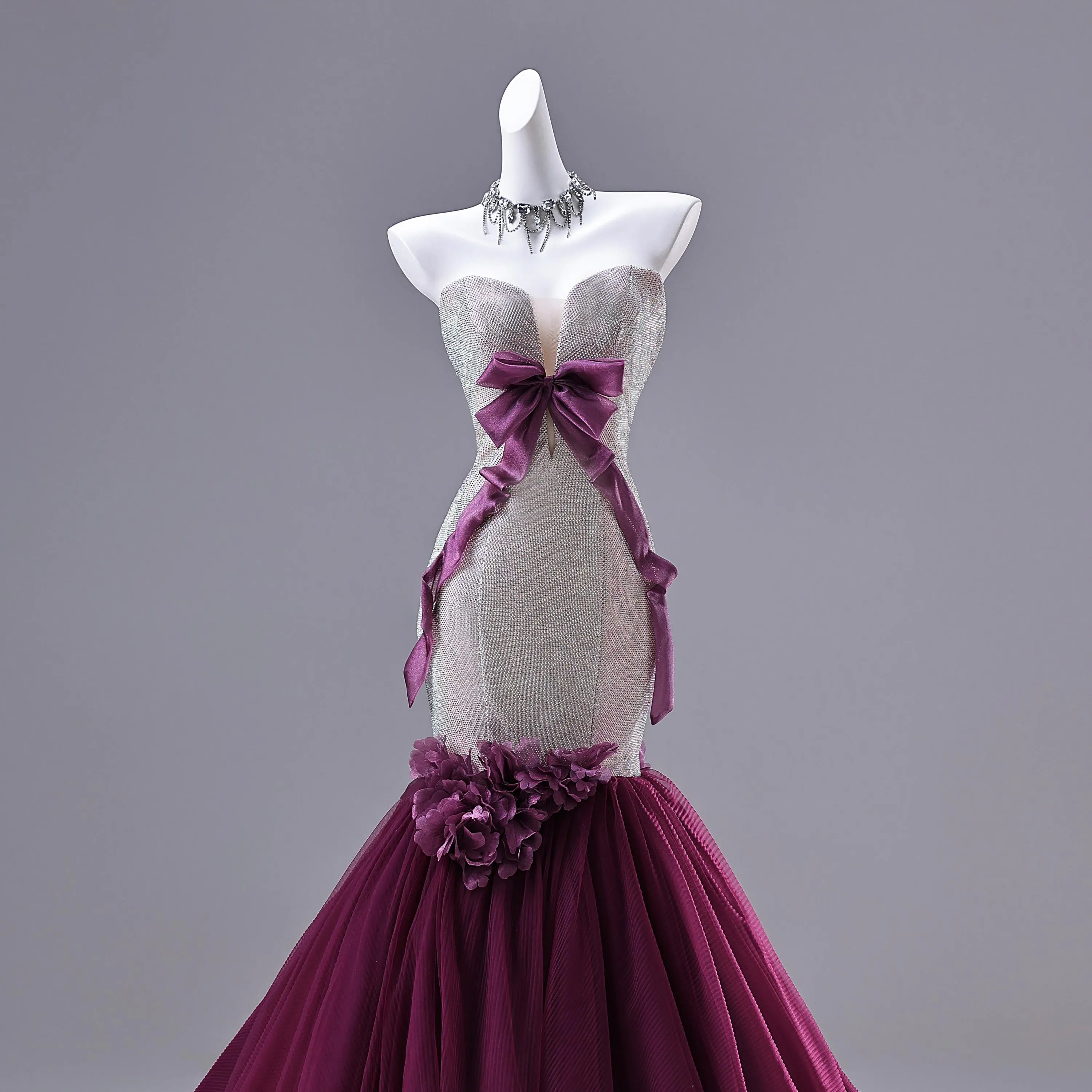 Gallant Mermaid Strapless Flowers Glitter Silver Tulle Purple Long Prom Dress With Bow