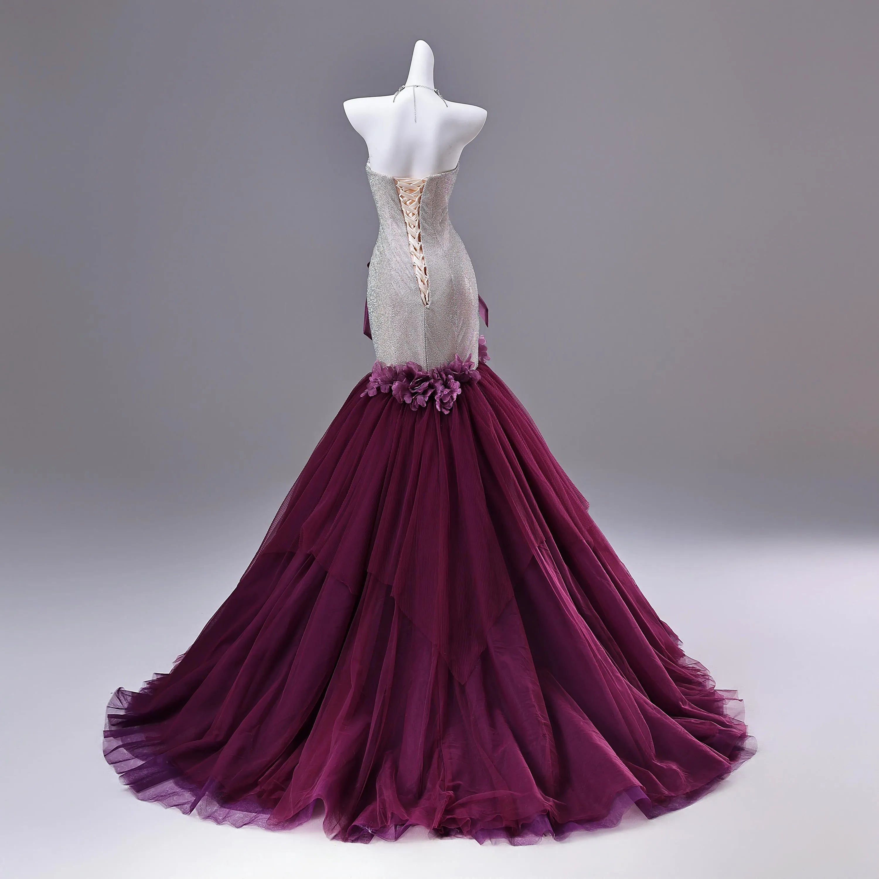 Gallant Mermaid Strapless Flowers Glitter Silver Tulle Purple Long Prom Dress With Bow