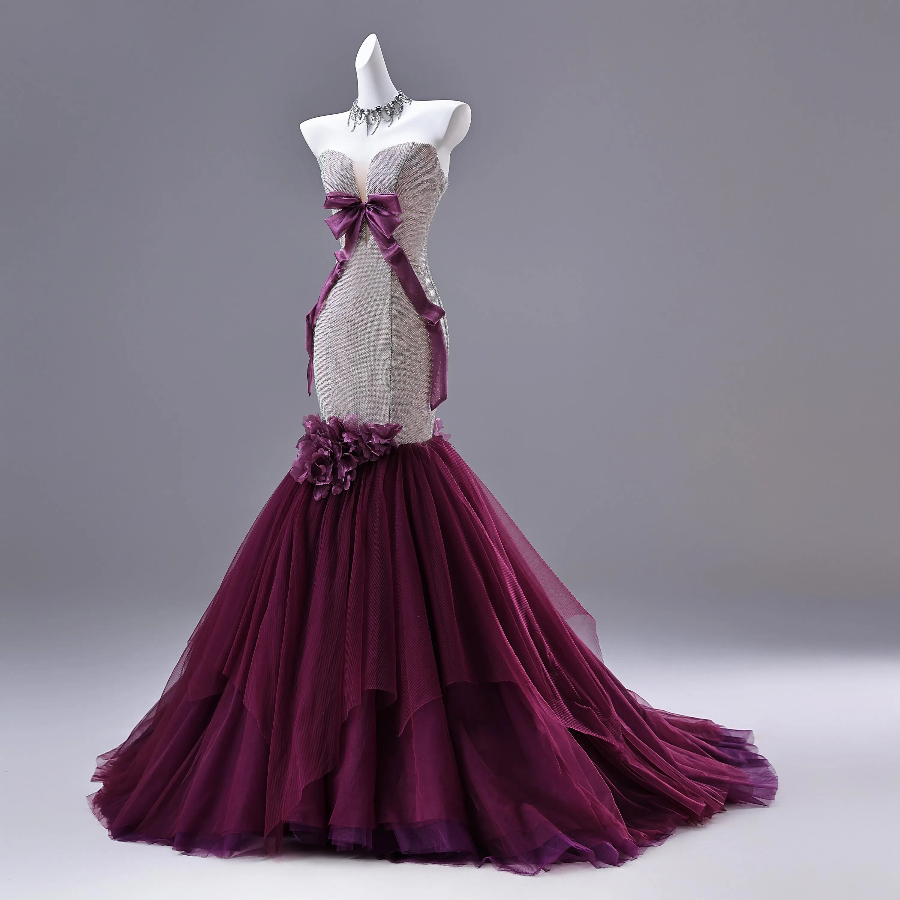 Gallant Mermaid Strapless Flowers Glitter Silver Tulle Purple Long Prom Dress With Bow