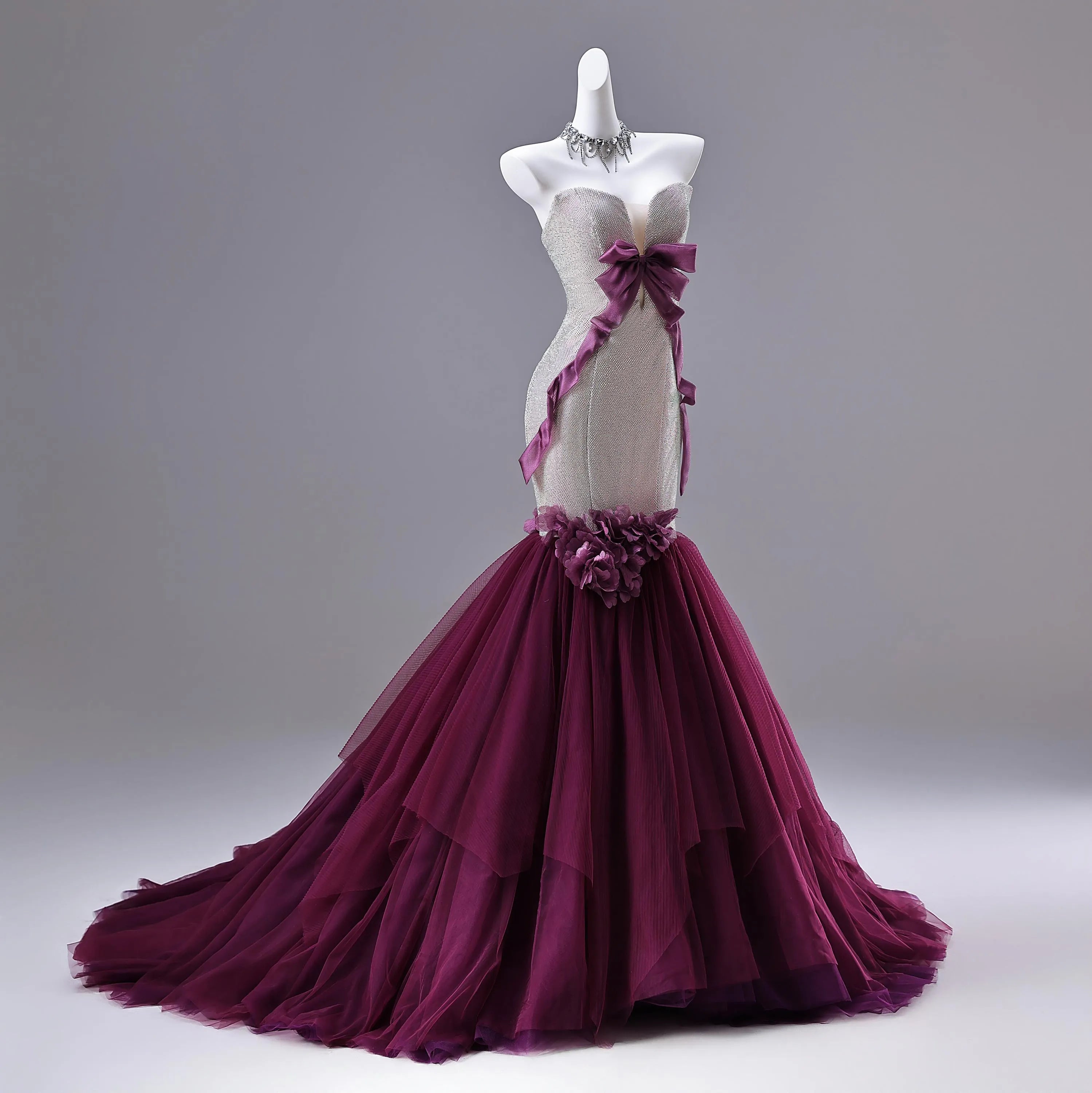 Gallant Mermaid Strapless Flowers Glitter Silver Tulle Purple Long Prom Dress With Bow