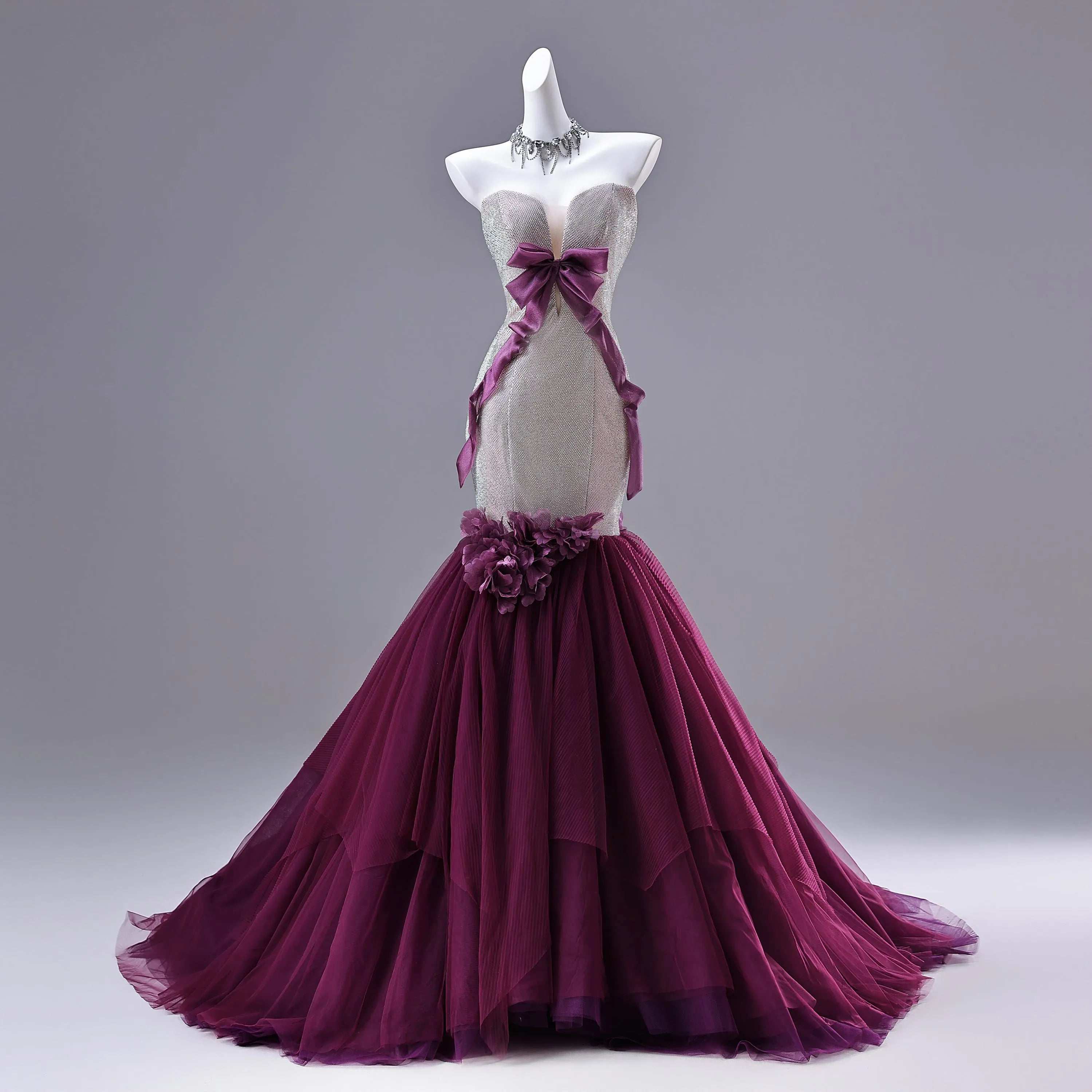 Gallant Mermaid Strapless Flowers Glitter Silver Tulle Purple Long Prom Dress With Bow