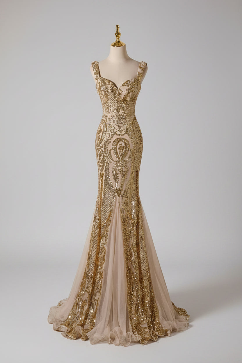 Gallant Mermaid Sweetheart Sequin Evening Dress Gold Floor-Length Prom Dress Custom