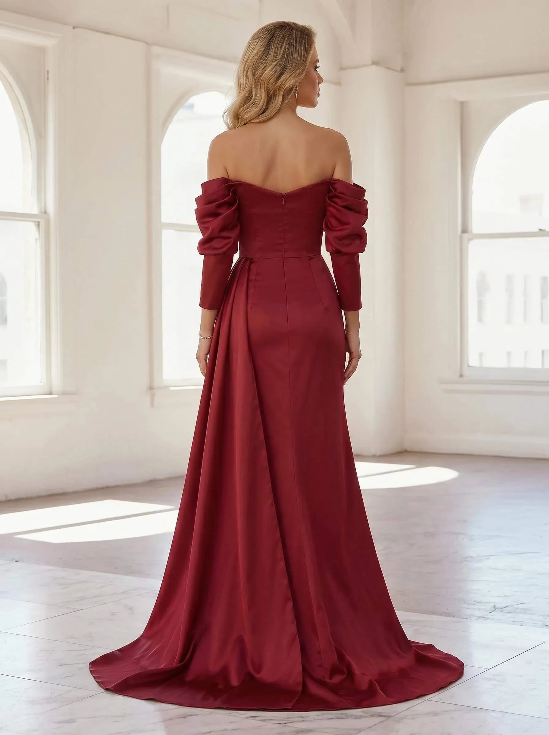 Gallant Sheath Off-Shoulder Long Sleeves Crystal Satin Burgundy Floor-Length Prom Dress