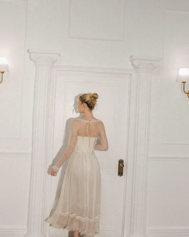 Gentle A-Line Long Sleeve Sheer Lace Corset Ivory Maxi Graduation Prom Dress