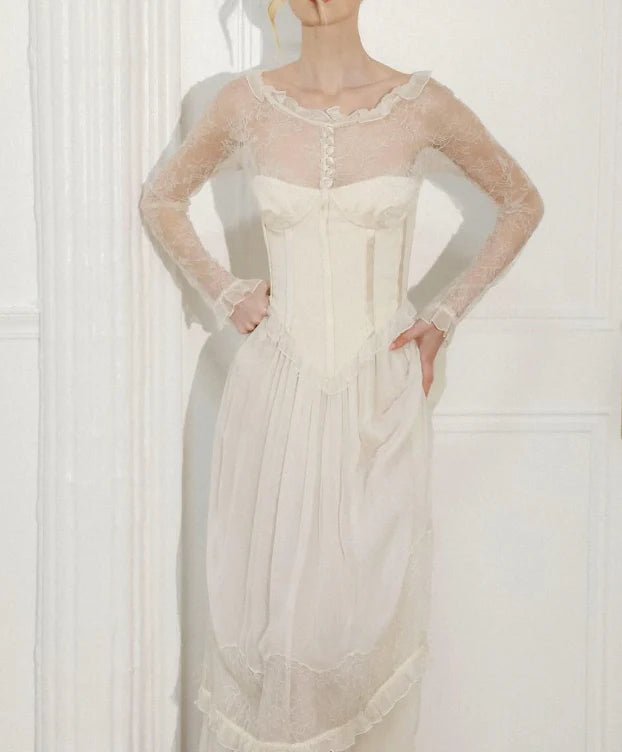 Gentle A-Line Long Sleeve Sheer Lace Corset Ivory Maxi Graduation Prom Dress