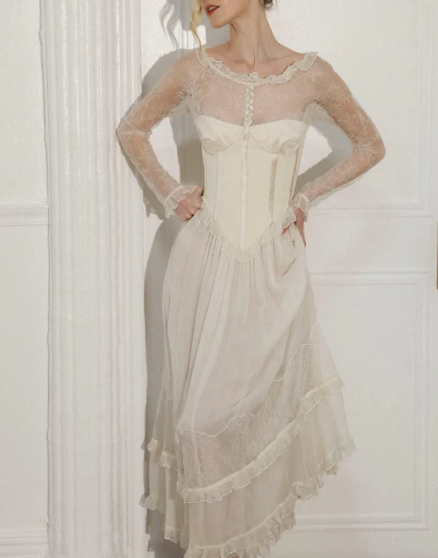 Gentle A-Line Long Sleeve Sheer Lace Corset Ivory Maxi Graduation Prom Dress