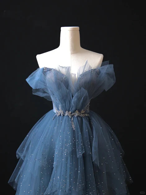 Glam Blue Tulle Layered Beaded Off Shoulder A-line Long Prom Dress Evening Dress