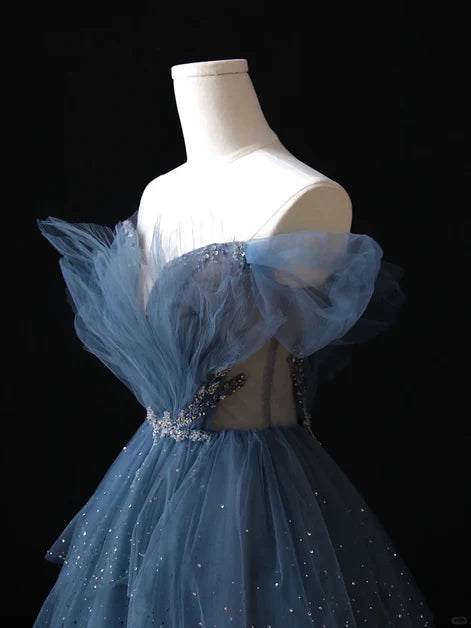 Glam Blue Tulle Layered Beaded Off Shoulder A-line Long Prom Dress Evening Dress