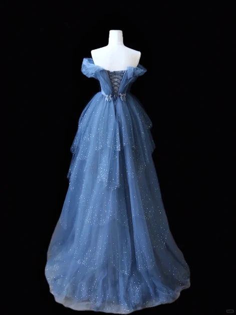 Glam Blue Tulle Layered Beaded Off Shoulder A-line Long Prom Dress Evening Dress
