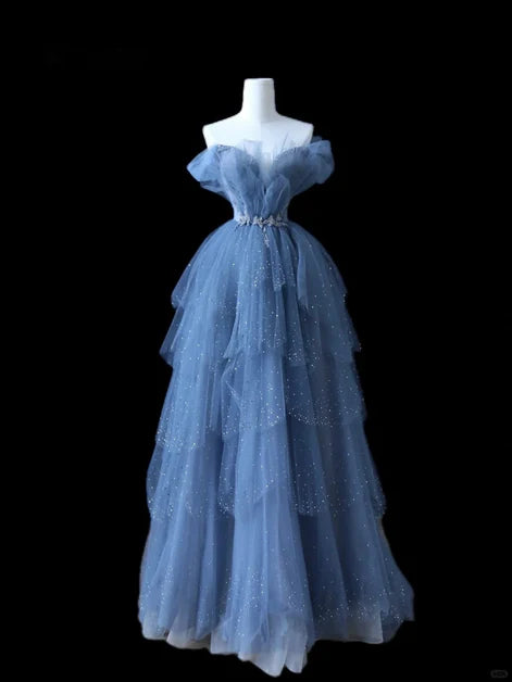 Glam Blue Tulle Layered Beaded Off Shoulder A-line Long Prom Dress Evening Dress