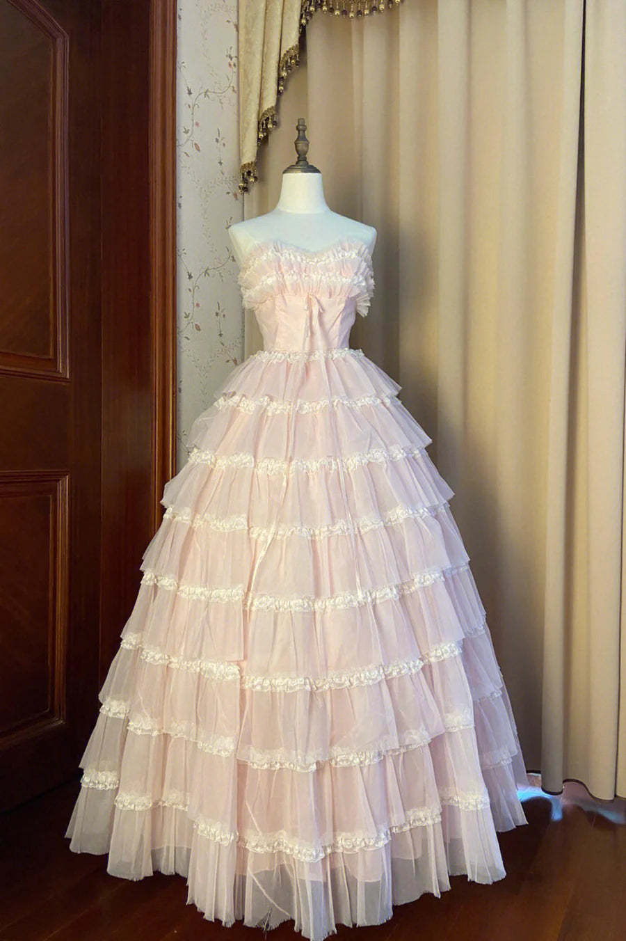 Glam Pink Strapless Layered Tulle Long Party Dress Prom Formal Dress