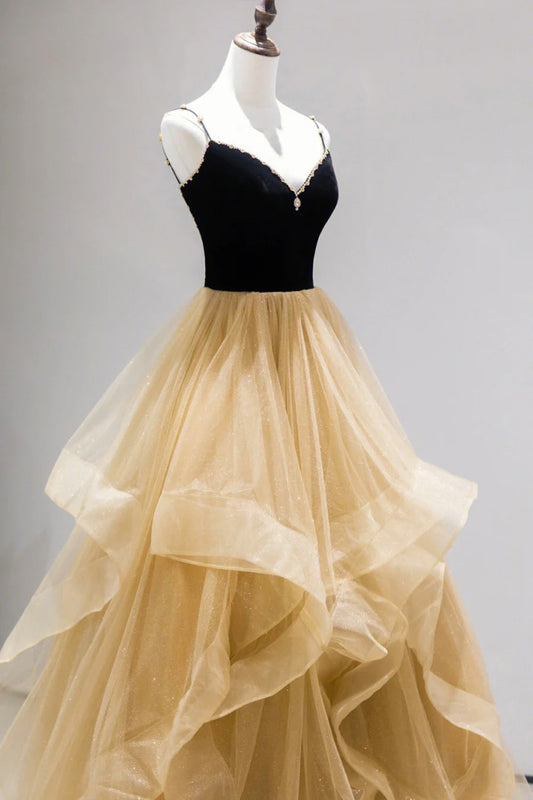 Glam V-Neck Spaghetti Straps Layers Velvet Black And Tulle champagne Long prom Dress