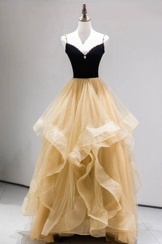 Glam V-Neck Spaghetti Straps Layers Velvet Black And Tulle champagne Long prom Dress