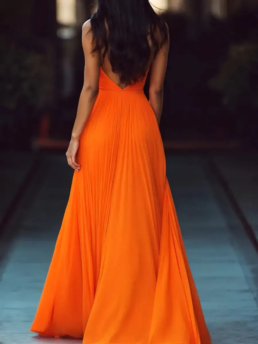 Glamorous A-Line Halter Neck Pleated Orange Floor-Length Prom Dresses