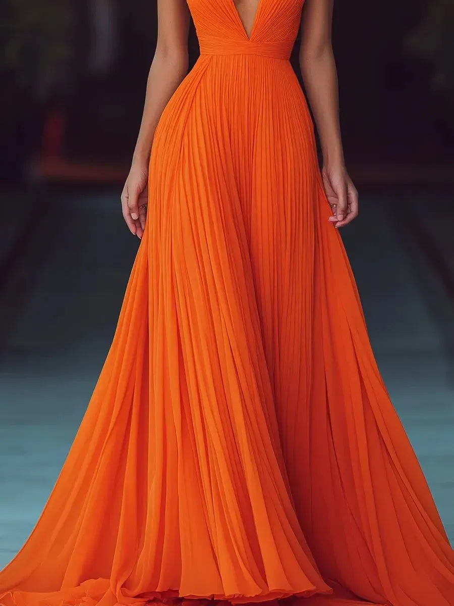 Glamorous A-Line Halter Neck Pleated Orange Floor-Length Prom Dresses
