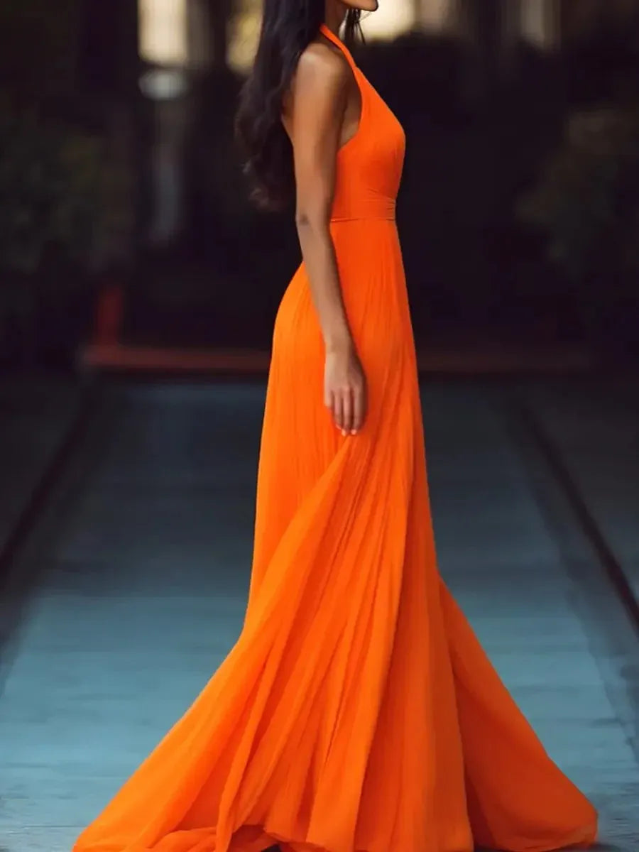 Glamorous A-Line Halter Neck Pleated Orange Floor-Length Prom Dresses