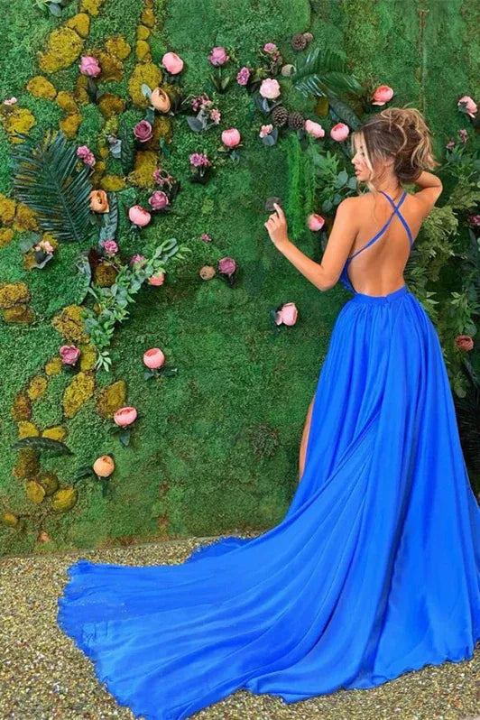 Glamorous A-Line Halter Sleeveless Slit Royal Blue Floor-Length Prom Dress For Women Hot Sale