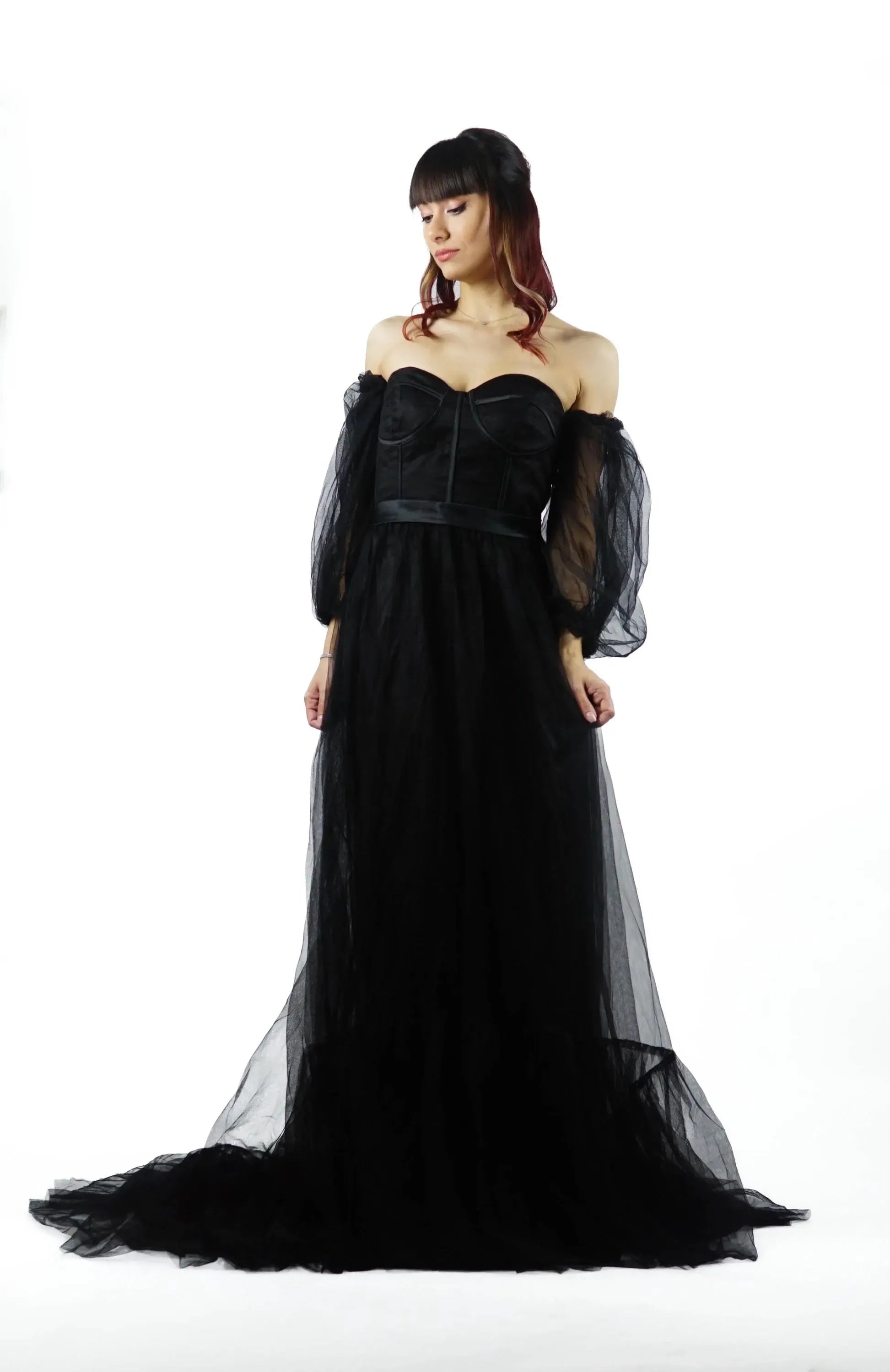 Glamorous A-Line Off Shoulder Puff Sleeve Corset Tulle Black Train Prom Dress