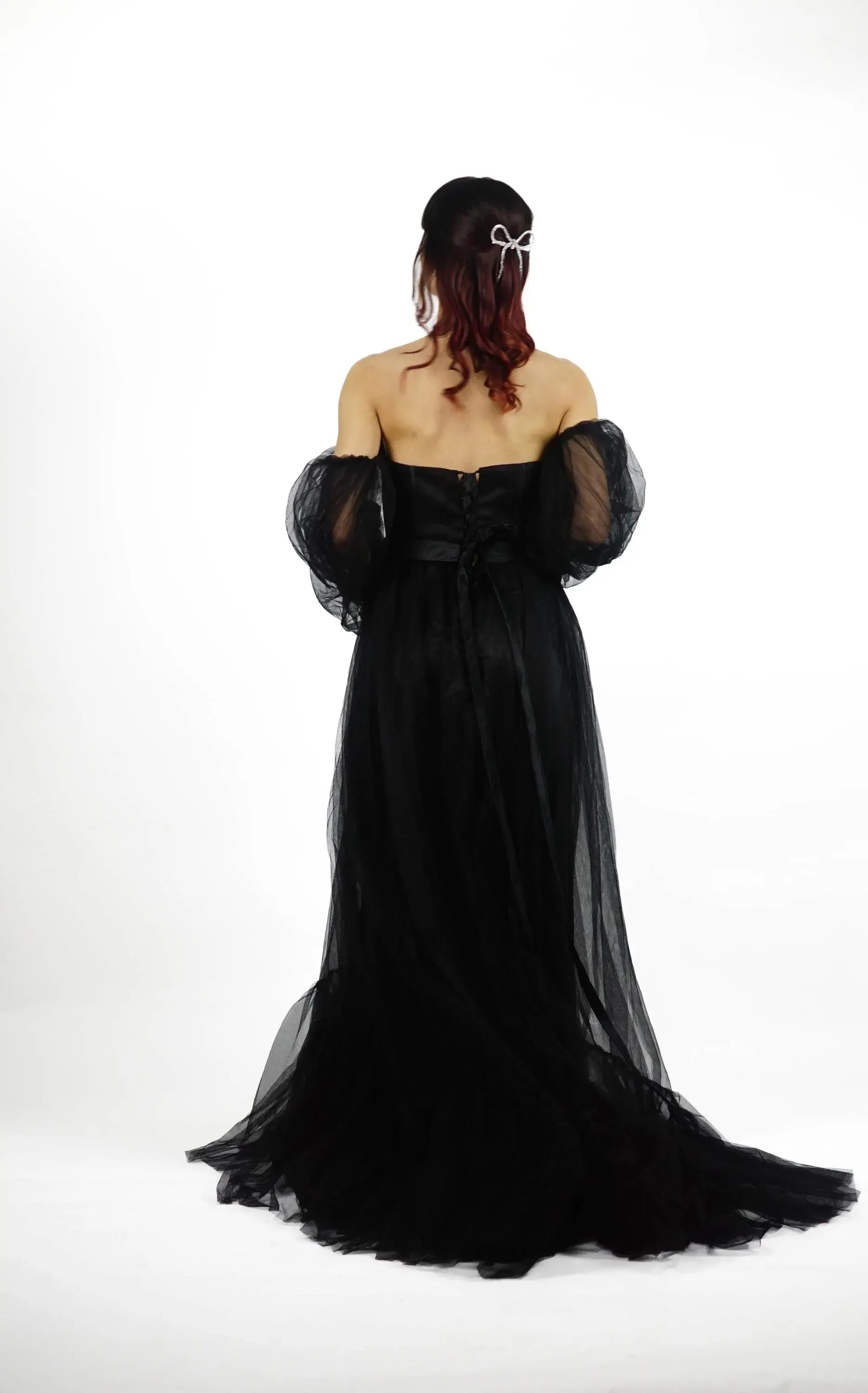 Glamorous A-Line Off Shoulder Puff Sleeve Corset Tulle Black Train Prom Dress