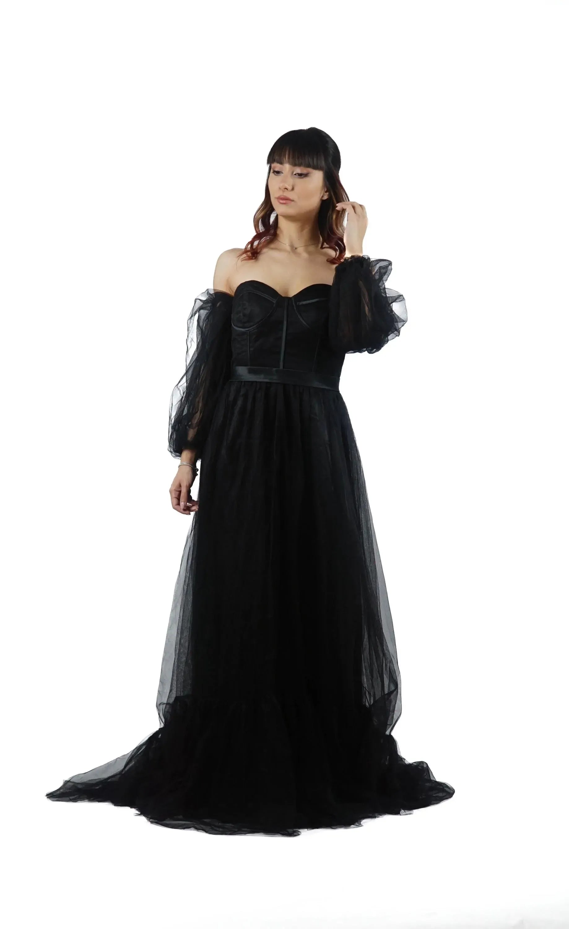 Glamorous A-Line Off Shoulder Puff Sleeve Corset Tulle Black Train Prom Dress