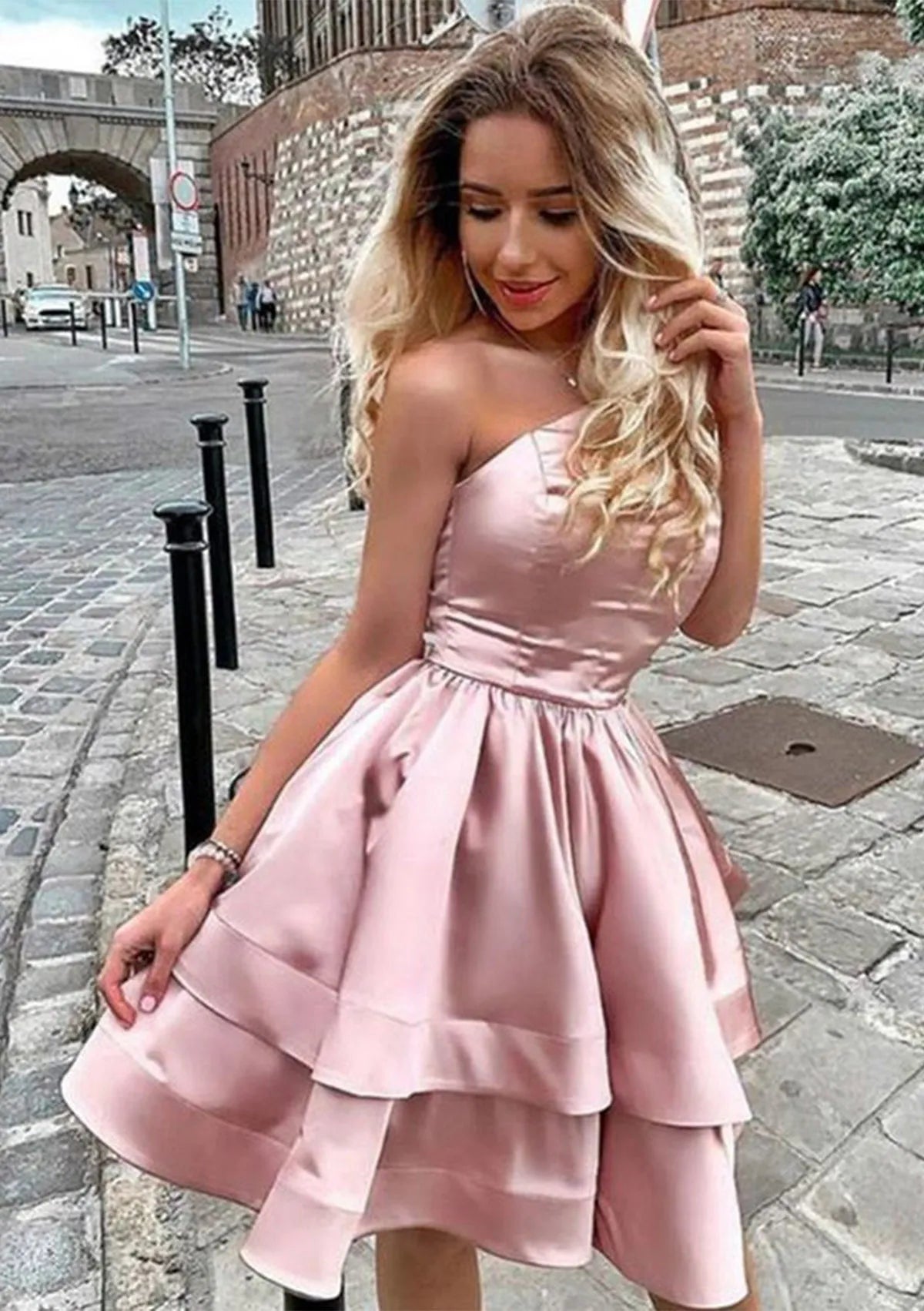 Glamorous A-Line One-Shoulder Tiered Ruffle Satin Pink Short Homecoming Dress