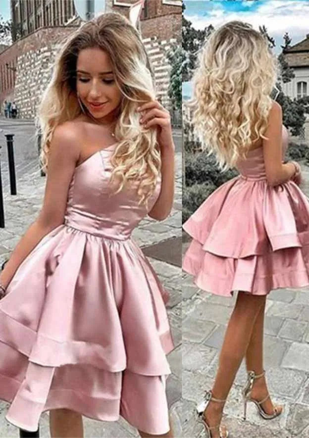 Glamorous A-Line One-Shoulder Tiered Ruffle Satin Pink Short Homecoming Dress