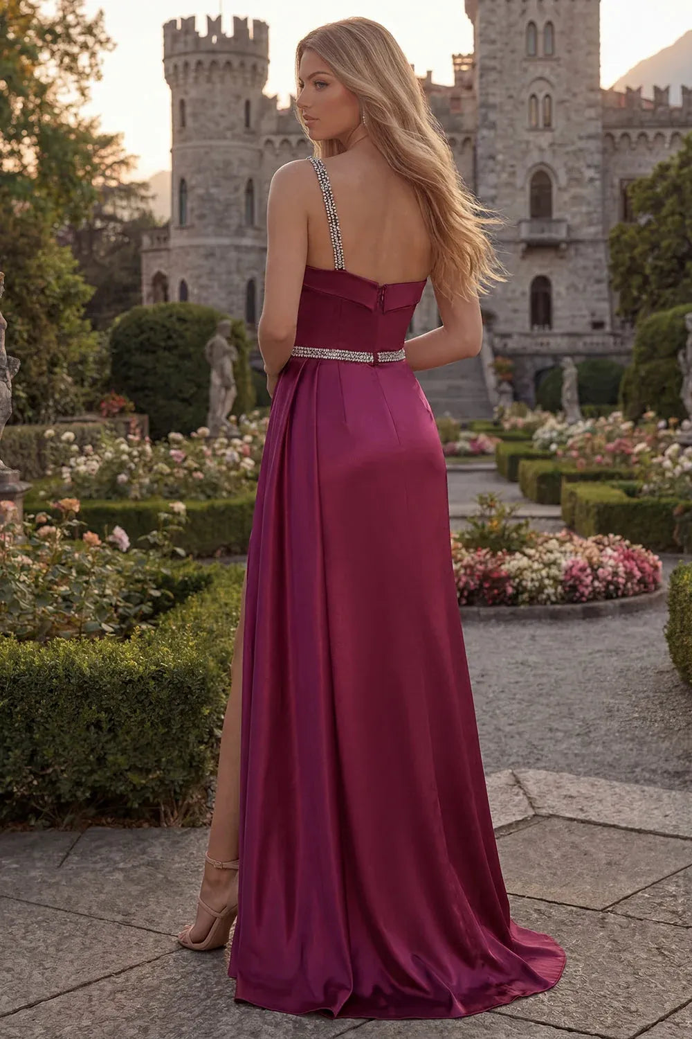 A-Line One Shoulder Ruched Beaded Satin Burgundy Maxi Prom Dress