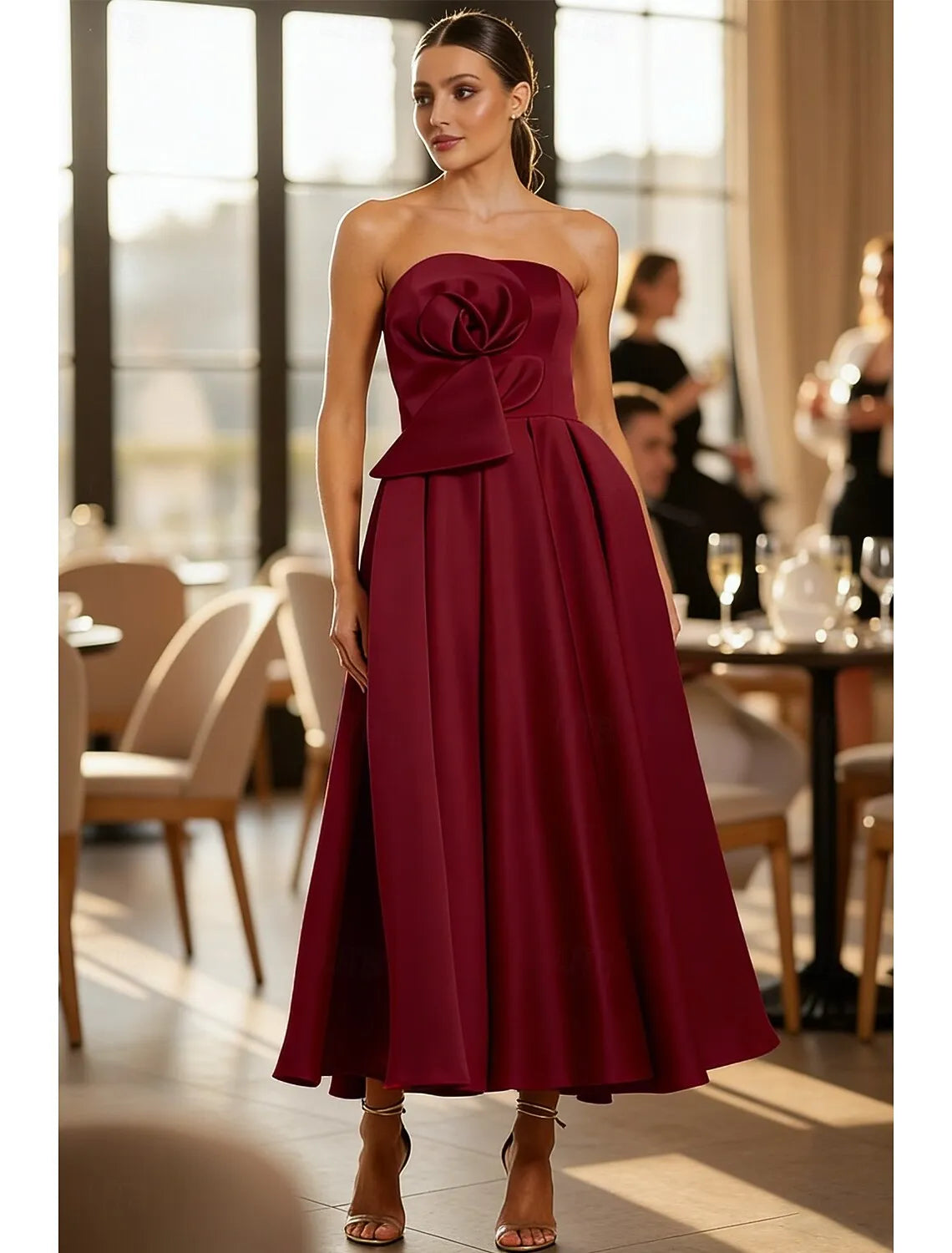 Glamorous A-Line Strapless Floral Bow Burgundy Tea Length Prom Dress For Sale