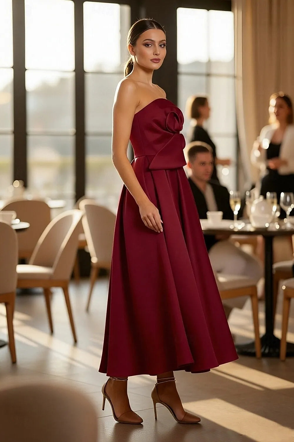 Glamorous A-Line Strapless Floral Bow Burgundy Tea Length Prom Dress For Sale