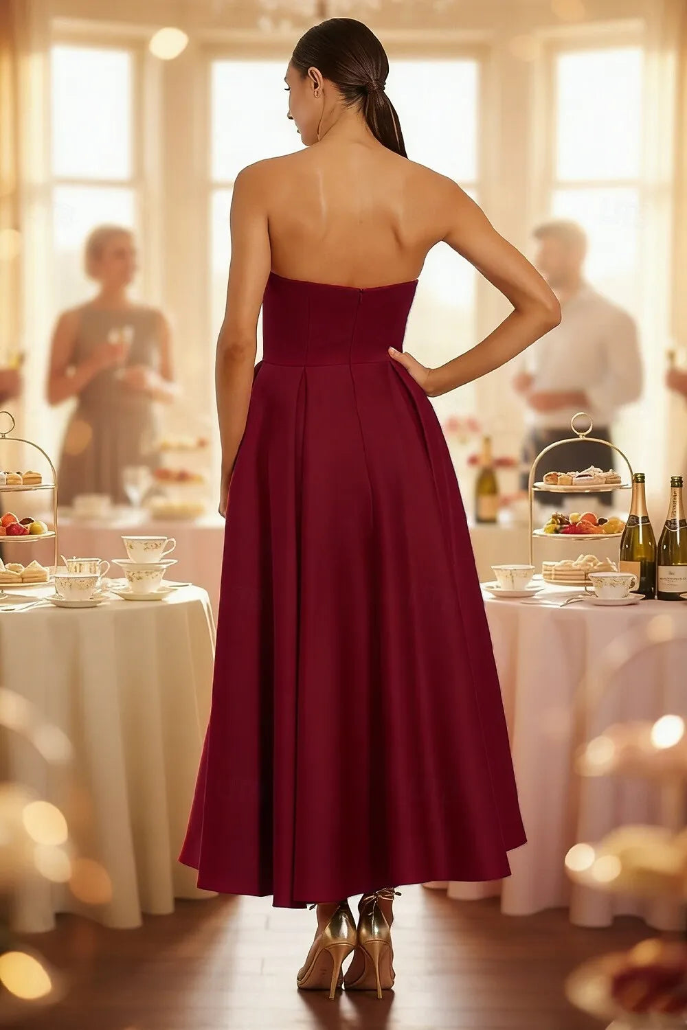 Glamorous A-Line Strapless Floral Bow Burgundy Tea Length Prom Dress For Sale