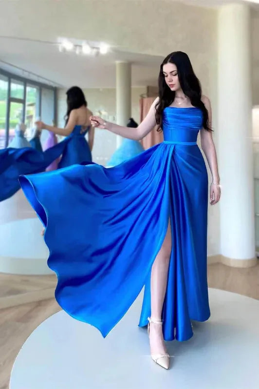 Glamorous A-Line Strapless Sleeveless Lace-Up Royal Blue Floor-Length Prom Dress For Women Ready To Ship
